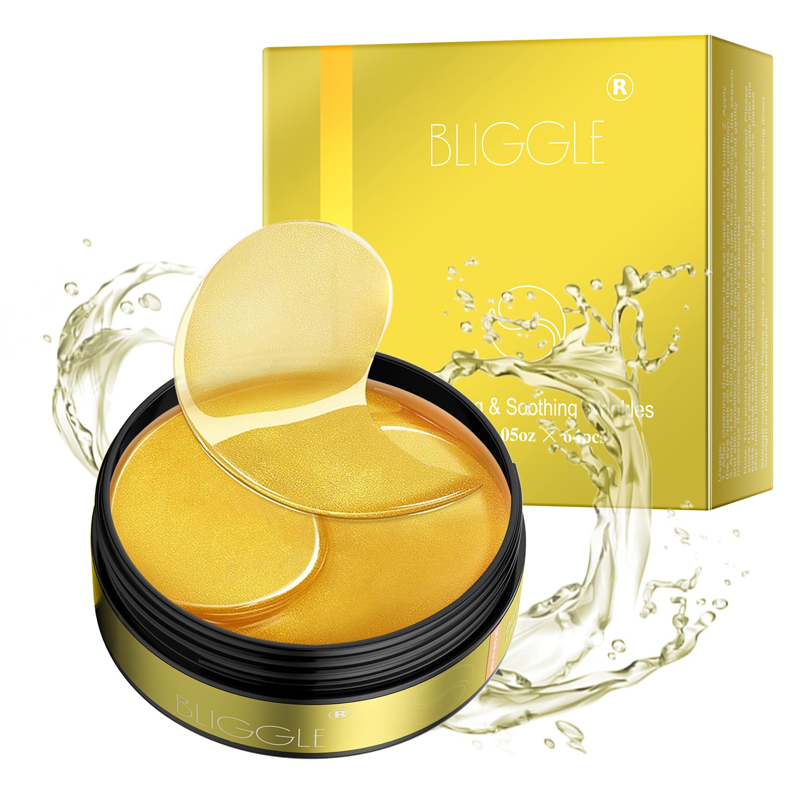 BLIGGLE Patchs Sous les Yeux (64 pcs) - Masque pour les Yeux en Or 24K avec Acide Hyaluronique, Soin Rafraîchissant pour les Yeux Gonflés et les Cernes, Réduit les Poches Sous les Yeux et Lisse les Rides